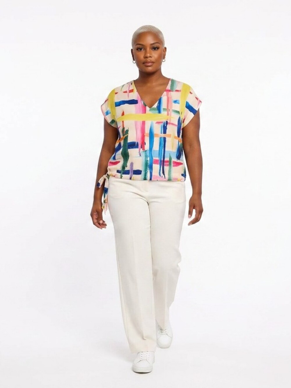 ESSENTIEL Antwerp Multicolor Brushstroke Tie-Waist V-Neck Top - Pink/Yellow/Blue